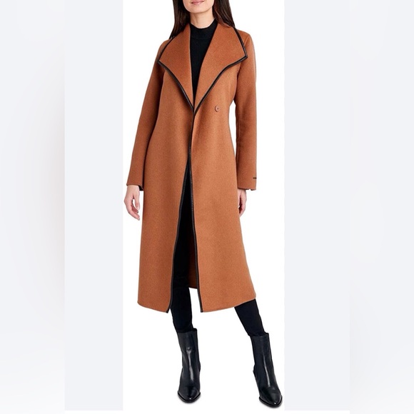 Tahari Juliette Wool Blend Brown Belted Coat with Faux Leather Trim Size Medium - Picture 3 of 15